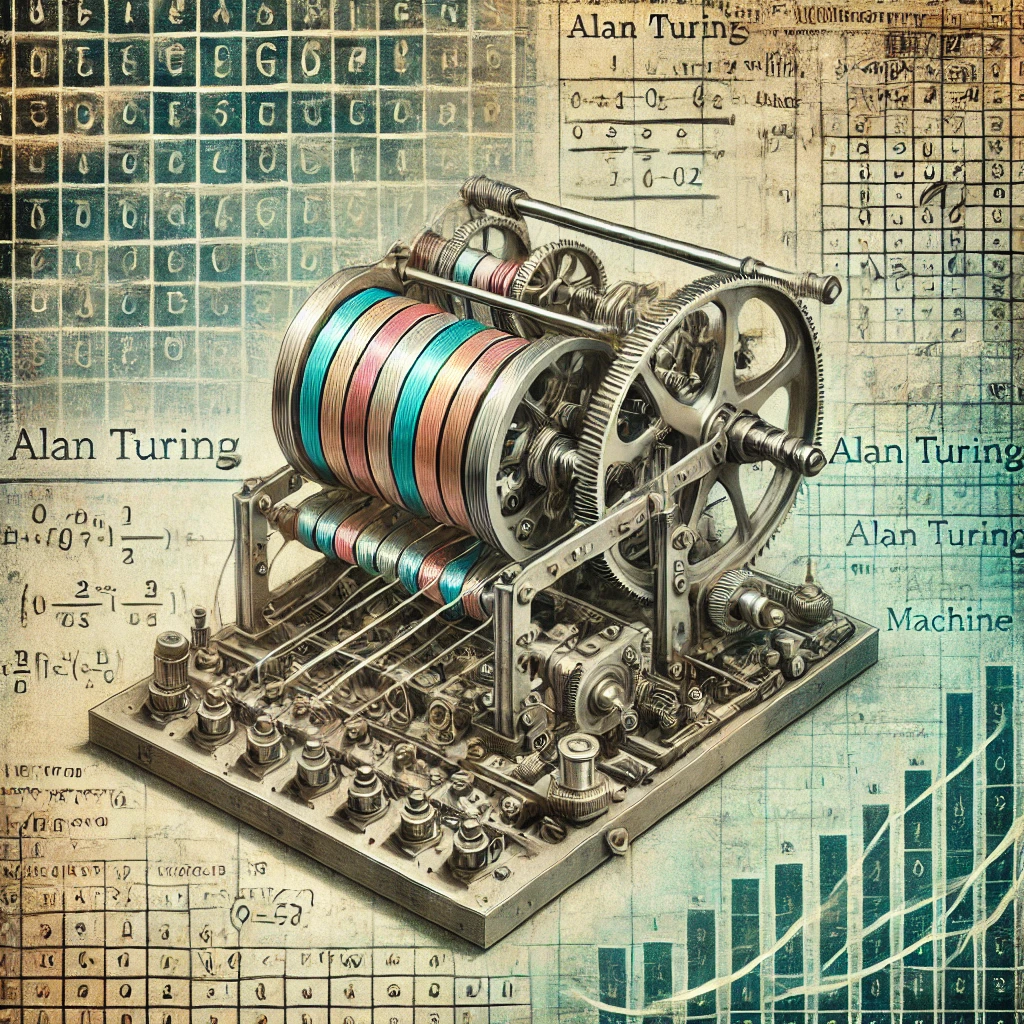 Macchina Turing con codici matematici su sfondo.