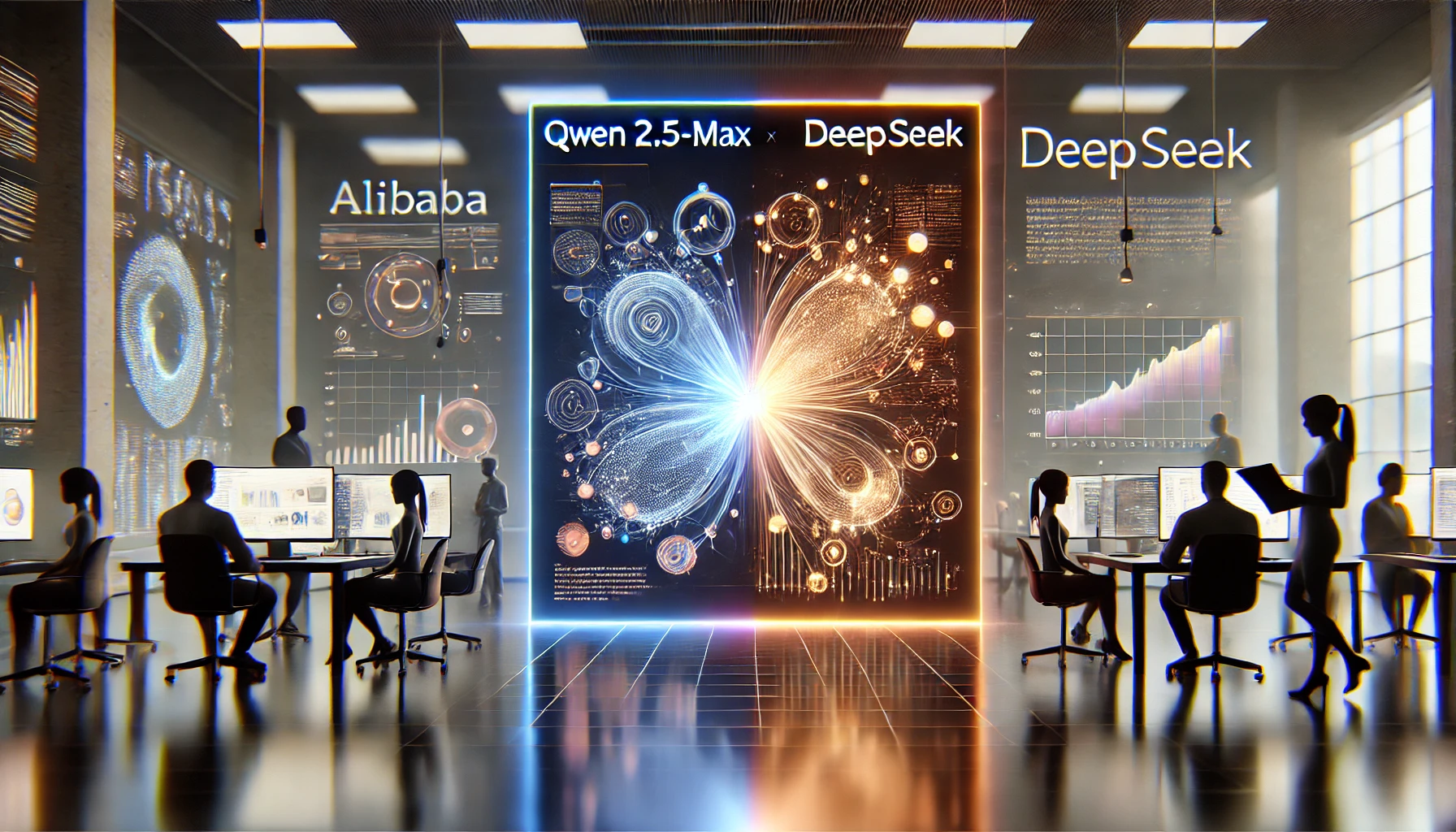 Laboratorio intelligenza artificiale, schermi e persone al lavoro.