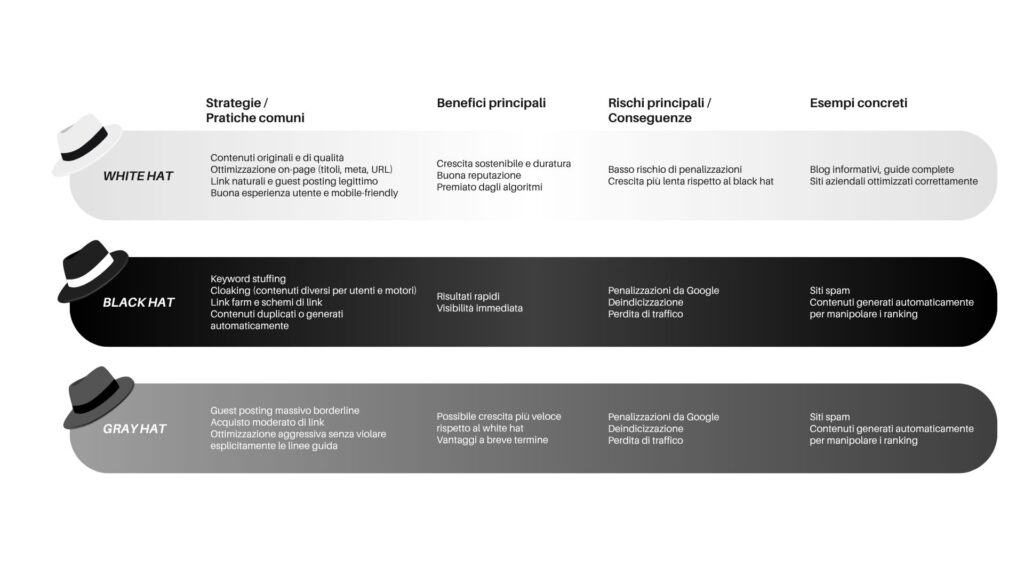 Infografica strategie SEO: white hat, black hat, gray hat.